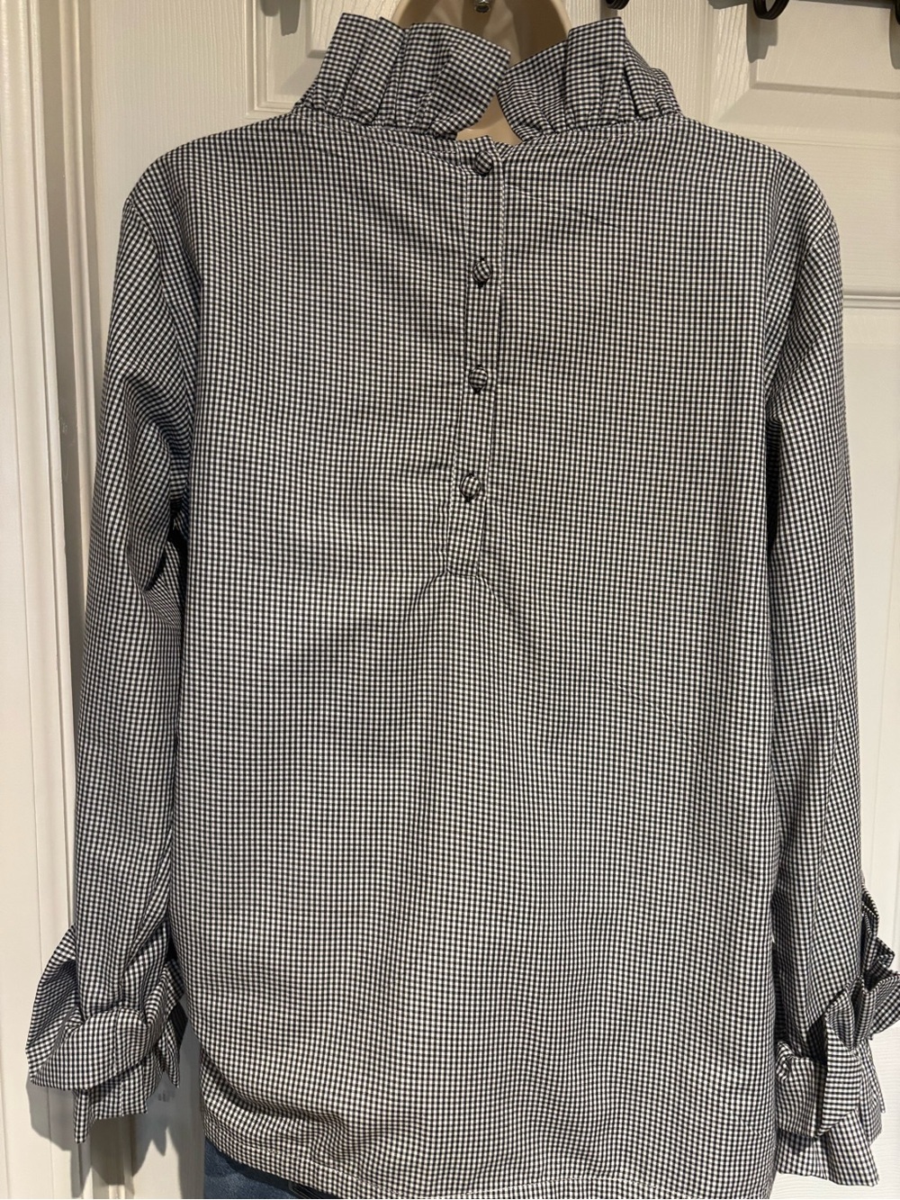 Elizabeth Wilson Designs Women's Black & White Gingham Ruffle V-Neck Blouse - Picture 2 of 7